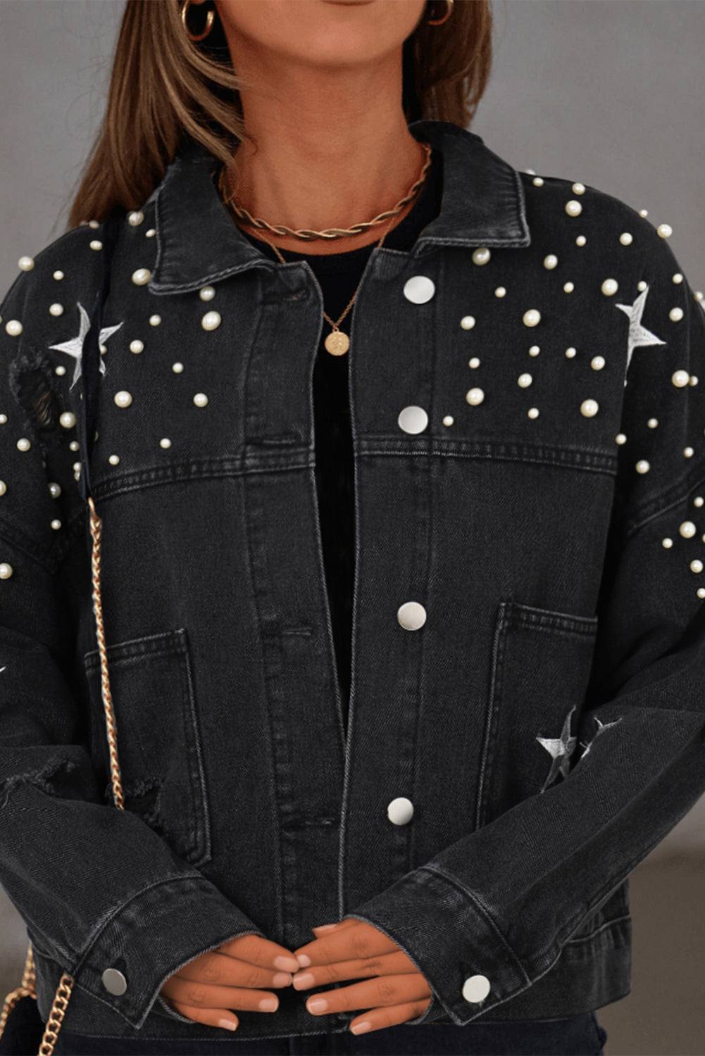 Damascus Sky Distressed Pearls Star Cropped Denim Jacket