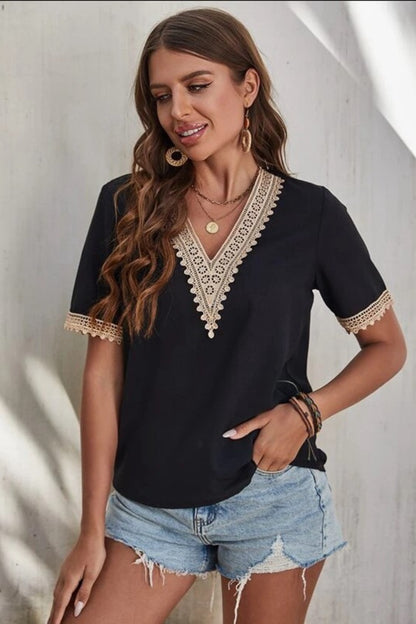 Casablanca Lace Elegance: V-Neck Short Sleeve Blouse