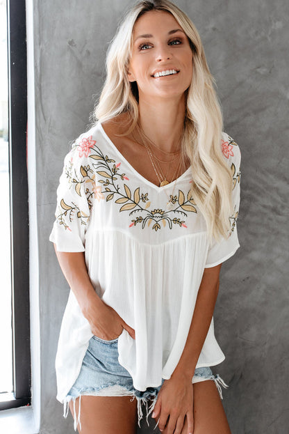 Ivory Medina Embroidered V Neck Babydoll Blouse