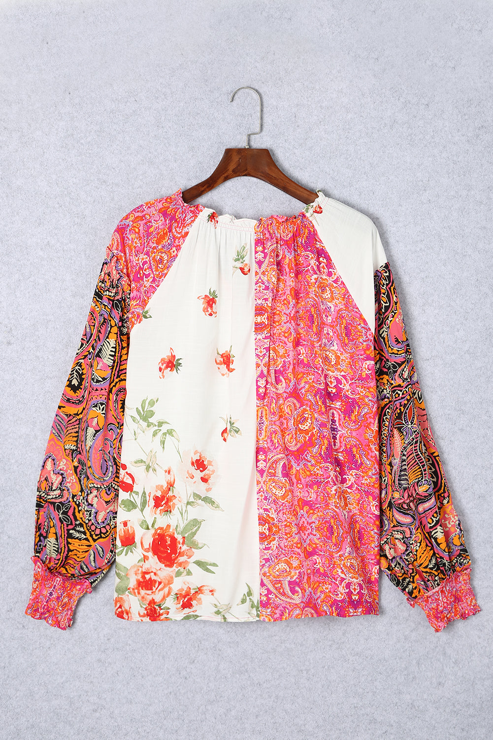 Medina Garden Patchwork Shirred Cuff Buttoned V Neck Blouse