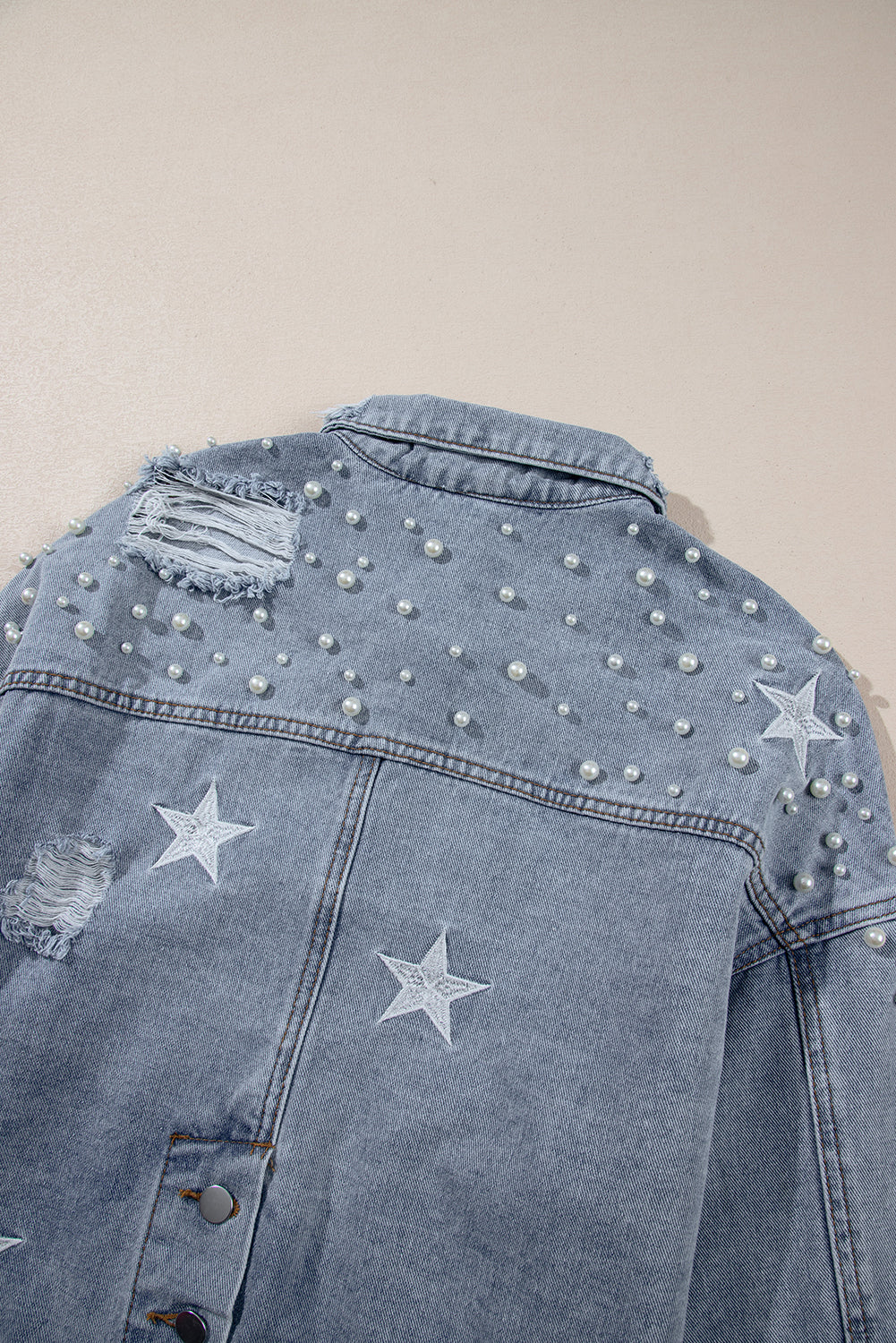 Damascus Sky Distressed Pearls Star Cropped Denim Jacket