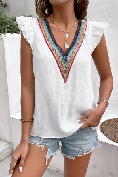 Casablanca Breeze: Ruffled V-Neck Cap Sleeve Blouse