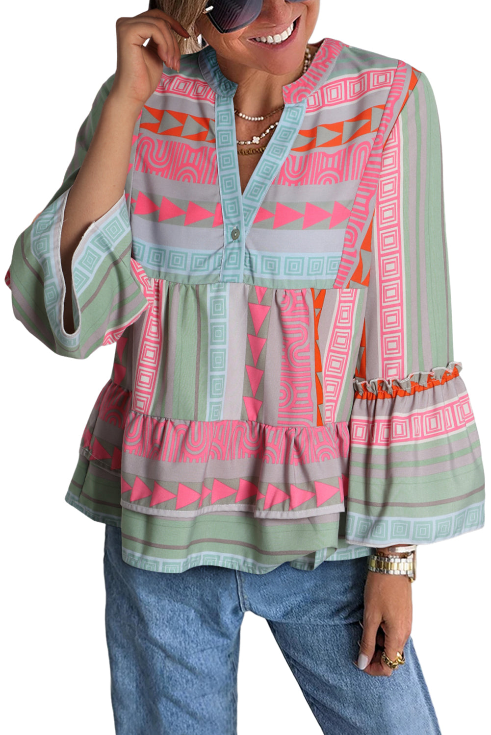 Nomad Dream Geometric Print Ruffle Blouse