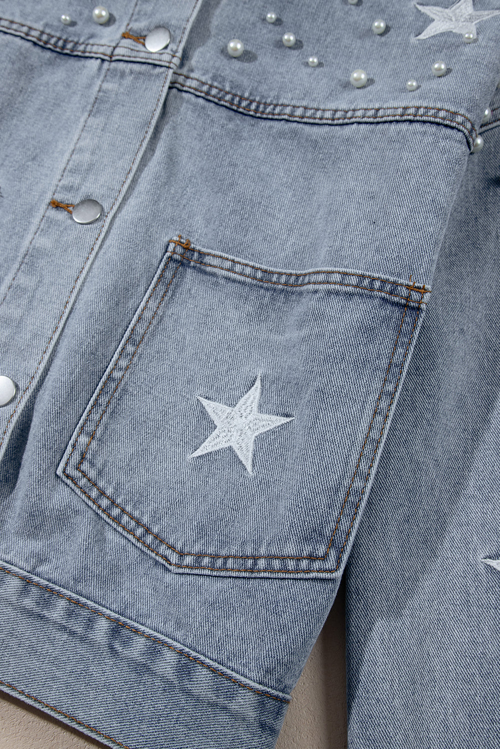 Damascus Sky Distressed Pearls Star Cropped Denim Jacket