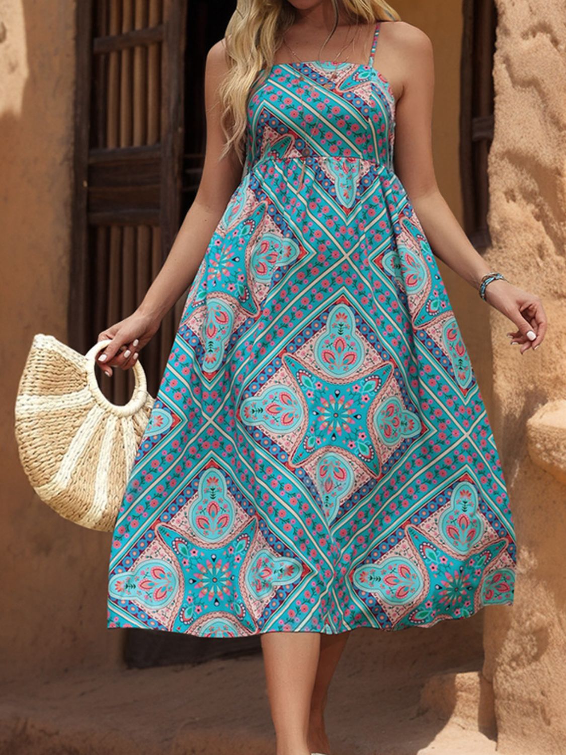 Andalusian Hills Printed Midi Dress - Spaghetti Strap Elegance