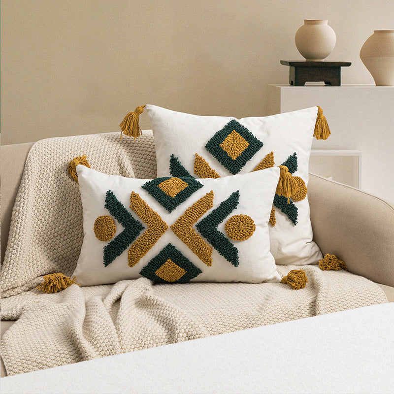 Fez-inspired Geometric Velvet Tassel Sofa Cushion Cover