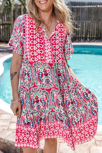 Saffron Breeze: Paisley Accent Tie Neck Ruffle Hem Short Dress