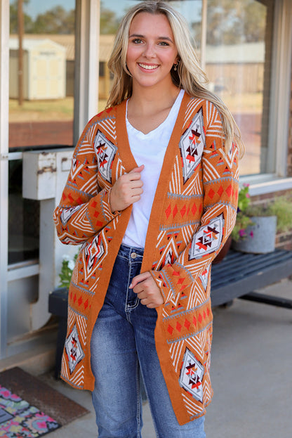 Siq Al-Barid Aztec Geometric Knit Open Front Cardigan