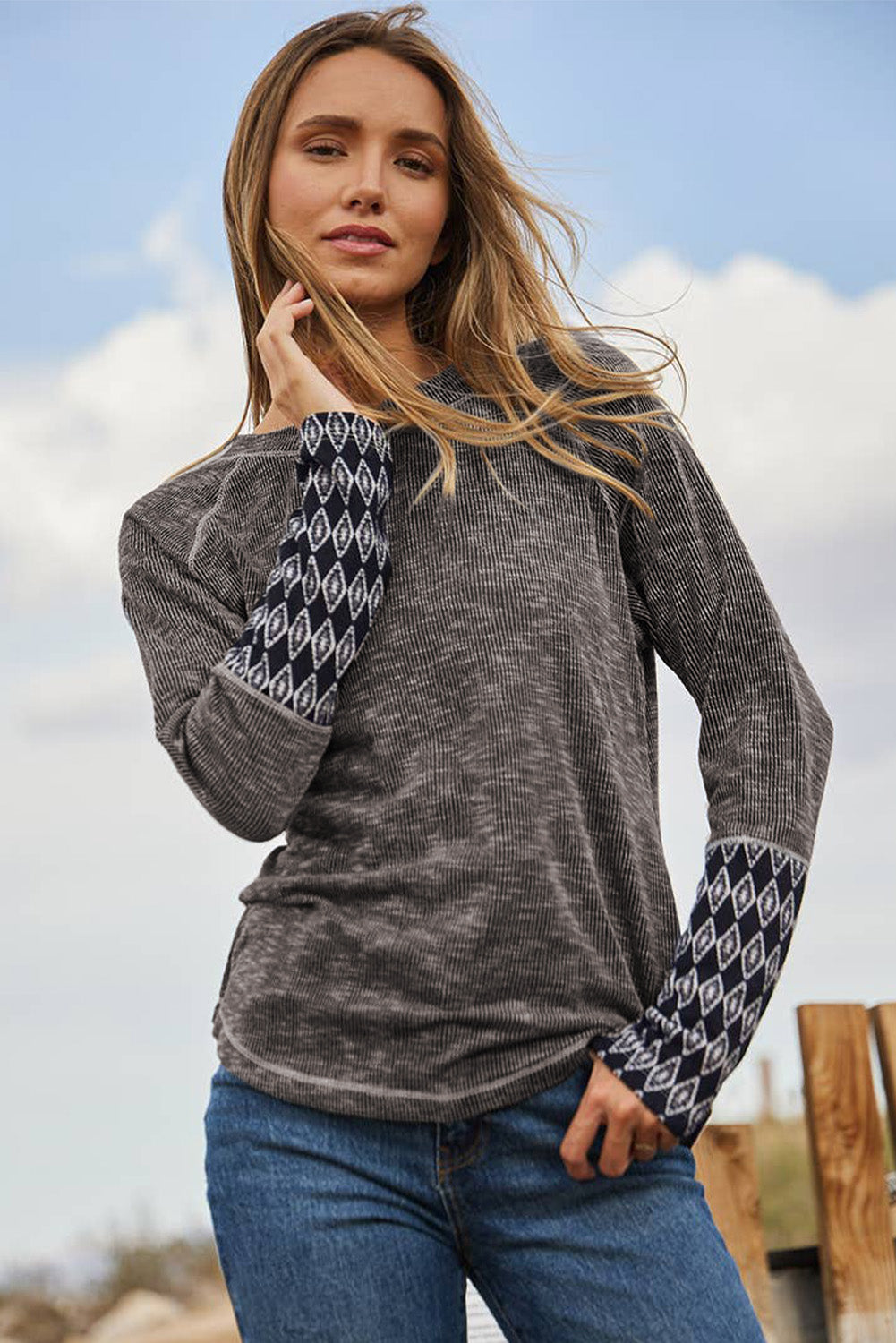 Granite Damascus Ribbed Long Sleeve Top