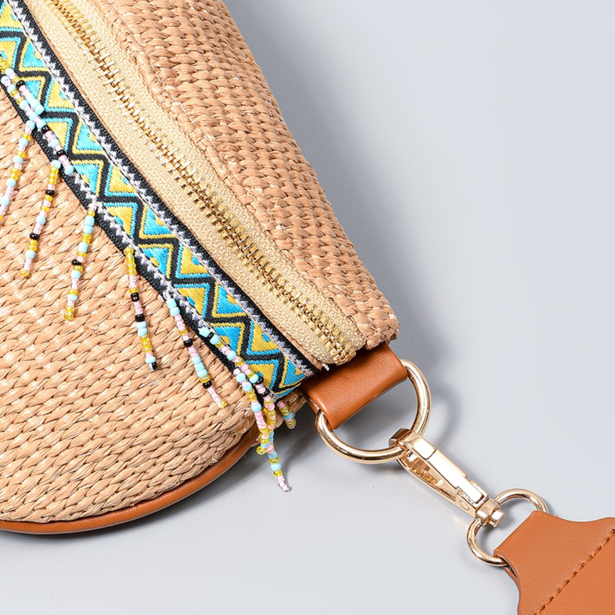 Aqaba Adorn - Bead Trim Straw Weave Crossbody Bag