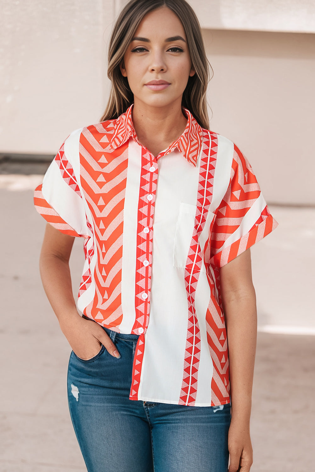 Saffron Oasis Striped Buttoned Short Sleeve Shirt