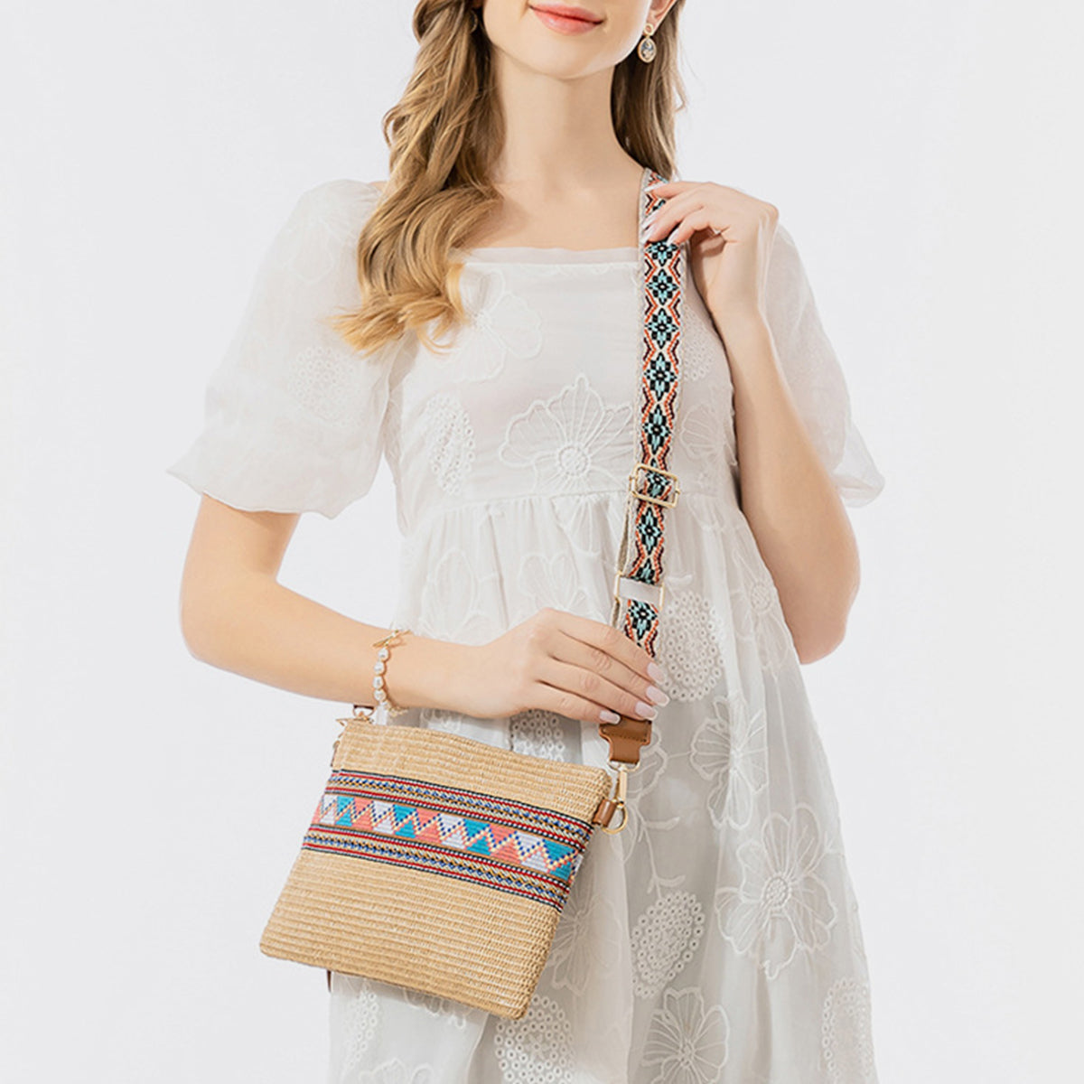 Madaba Mosaic | Geometric Straw Weave Crossbody Bag