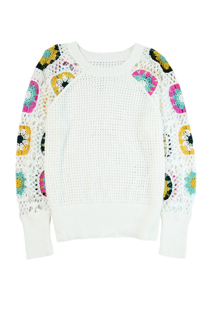 White Pointelle Floral Crochet Sleeve Sweater