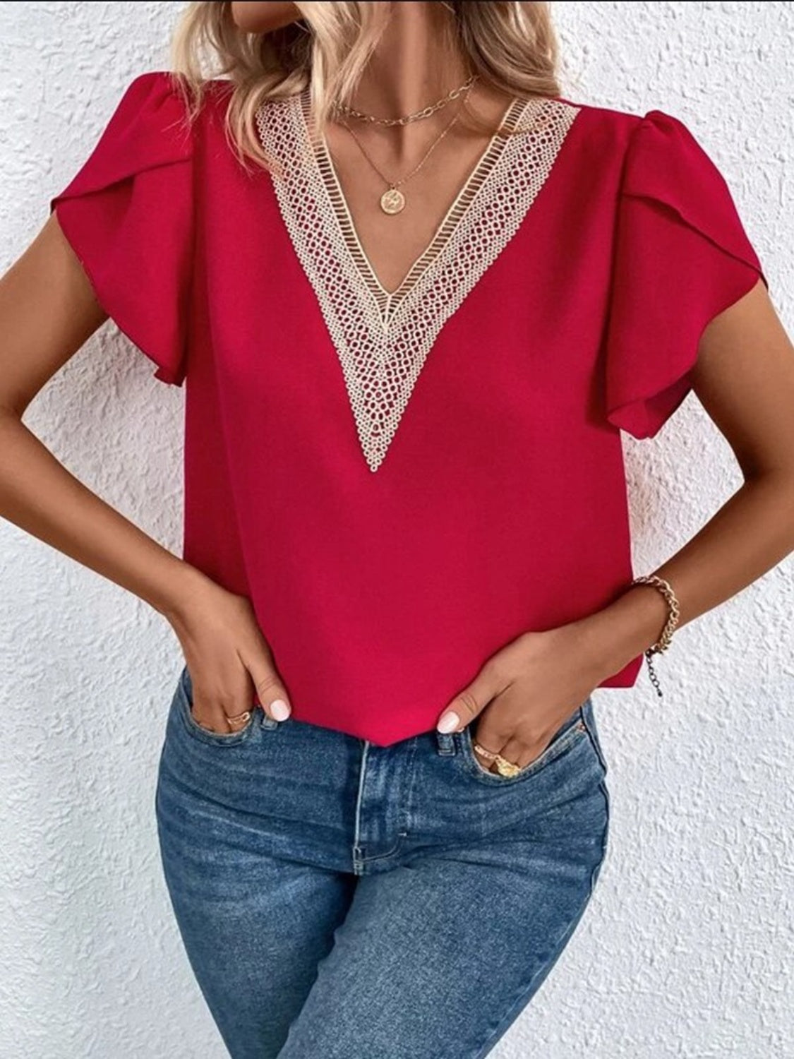 Casablanca Blossom - V-Neck Petal Sleeve Blouse