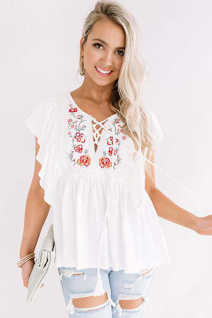 Tunisian Jasmine Embroidered Lace-up V Neck Top