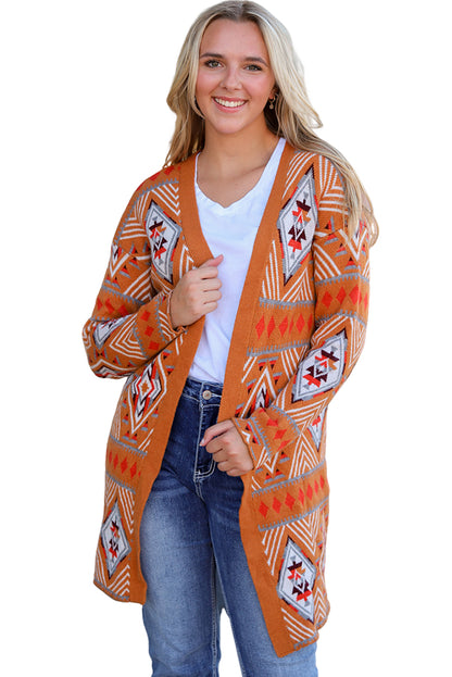 Siq Al-Barid Aztec Geometric Knit Open Front Cardigan