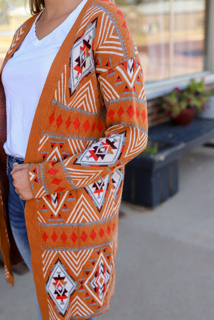 Siq Al-Barid Aztec Geometric Knit Open Front Cardigan