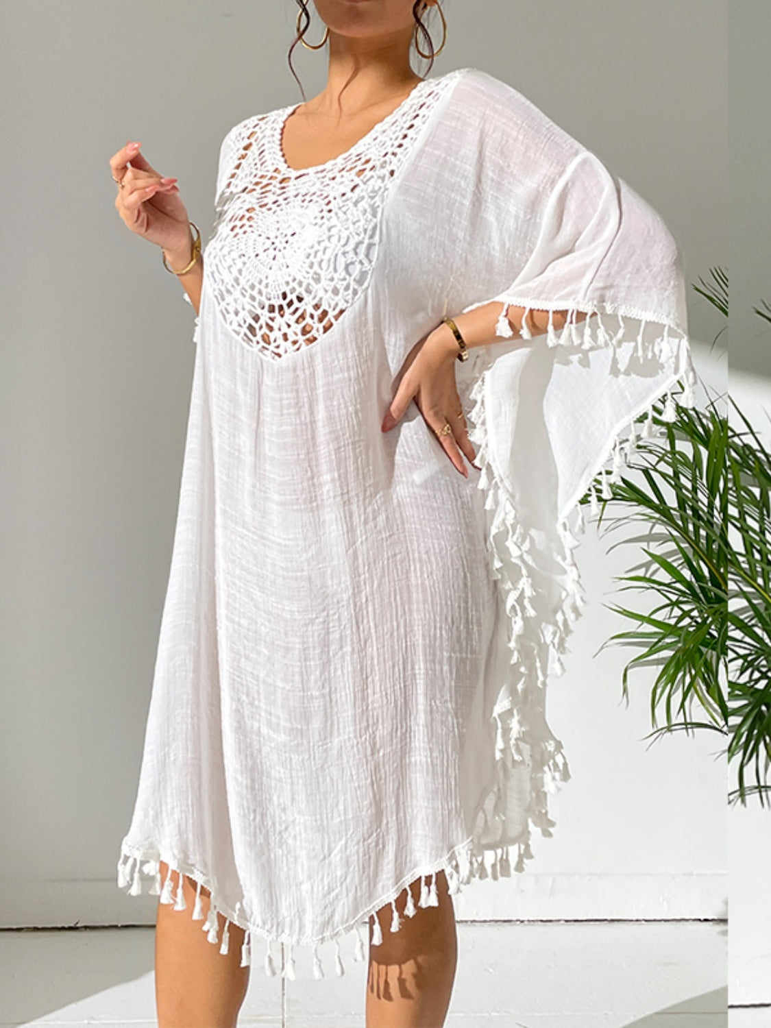 Casablanca Breeze - Tassel Cutout Scoop Neck Cover-Up Dress