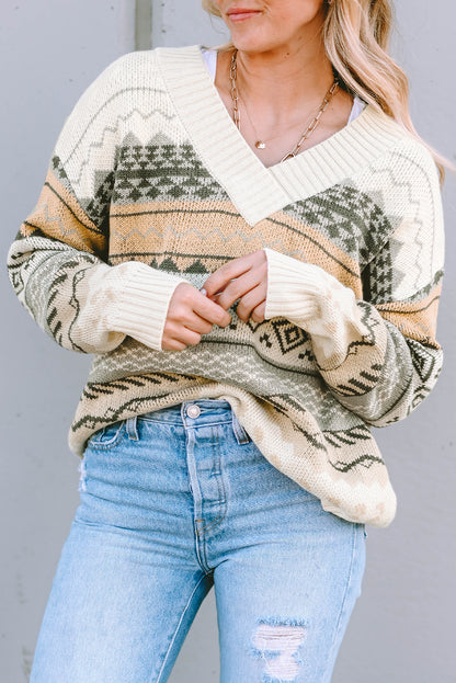 Khaki Marrakech Ribbed Knitted V Neck Sweater