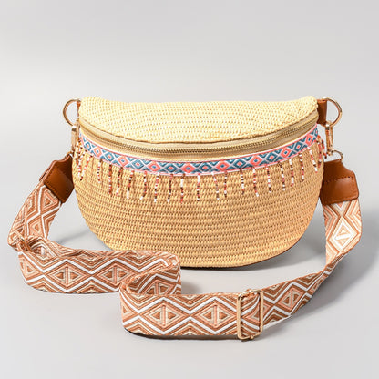 Aqaba Adorn - Bead Trim Straw Weave Crossbody Bag