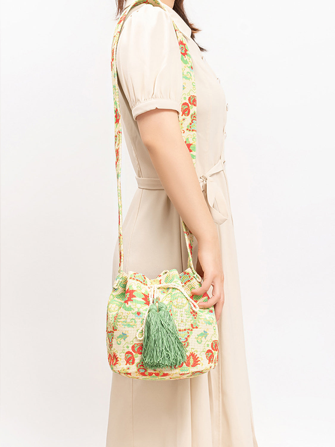 Tal Husban Blooms | Drawstring Tassel Geometric Shoulder Bag