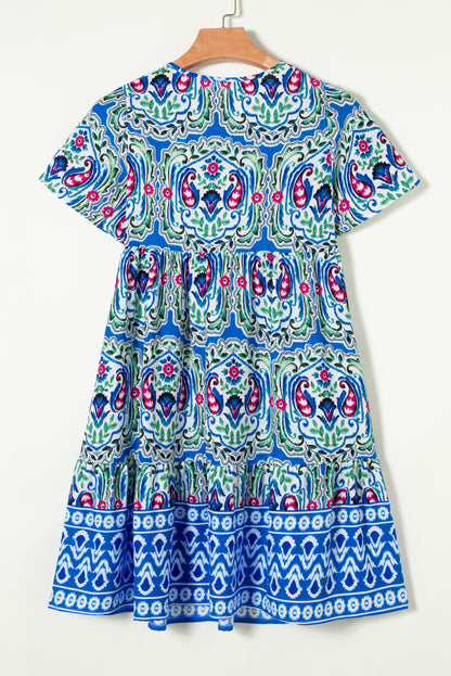 Saffron Breeze: Paisley Accent Tie Neck Ruffle Hem Short Dress