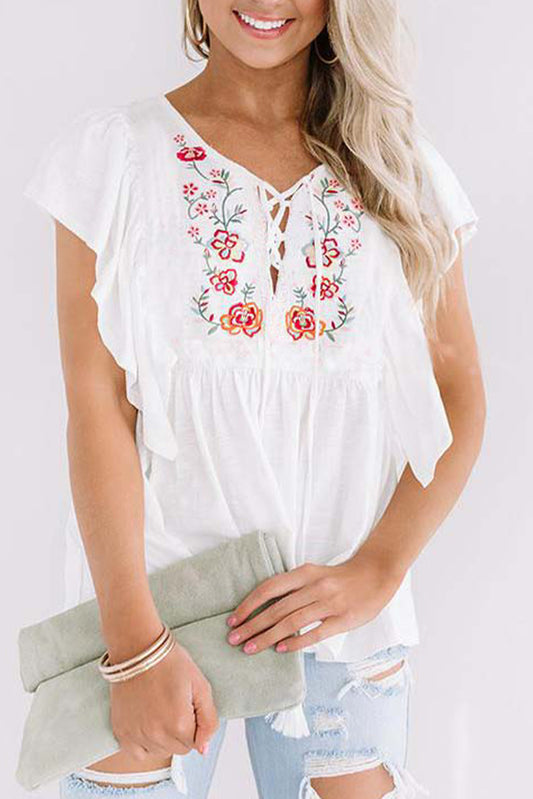 Tunisian Jasmine Embroidered Lace-up V Neck Top