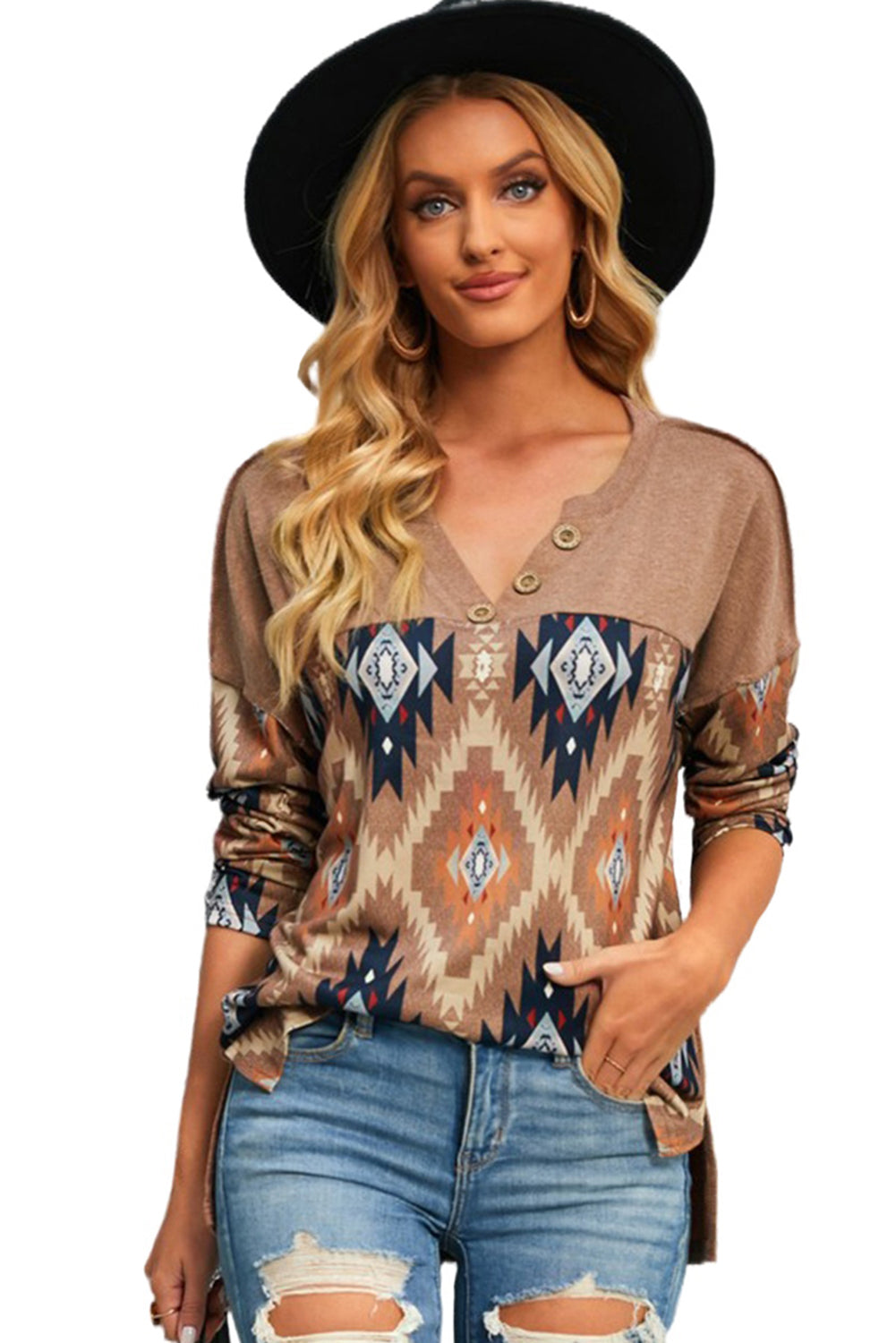 Cinnamon Medina Print Buttoned V Neck Top