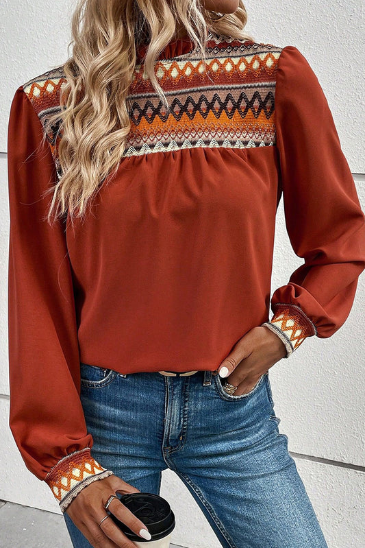 Red Clay Western Geometric Print Bubble Sleeve Frilled Neck Blouse