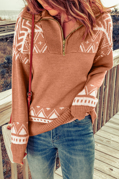 Rose Desert Geometry Quarter Zip Sweater