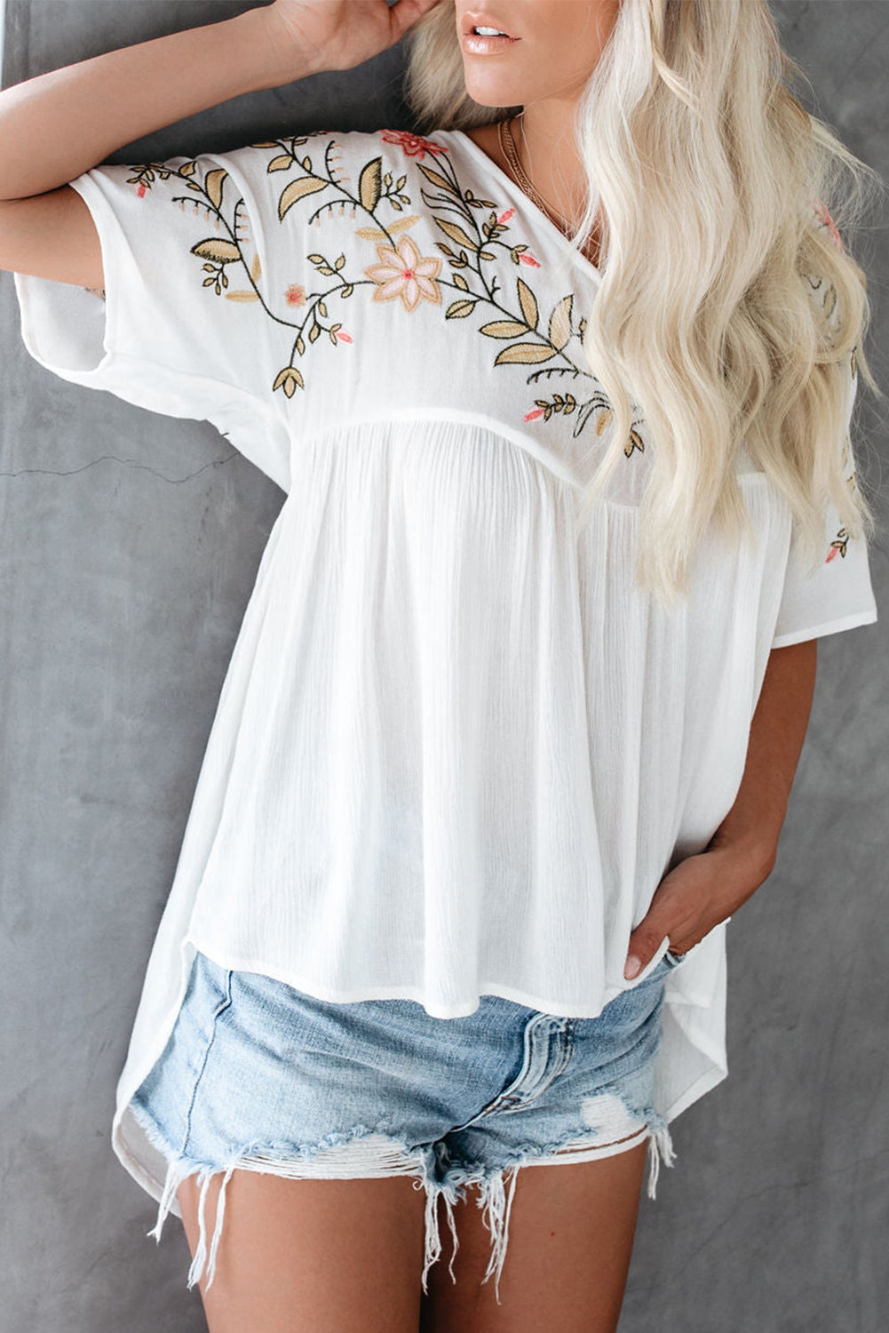 Ivory Medina Embroidered V Neck Babydoll Blouse