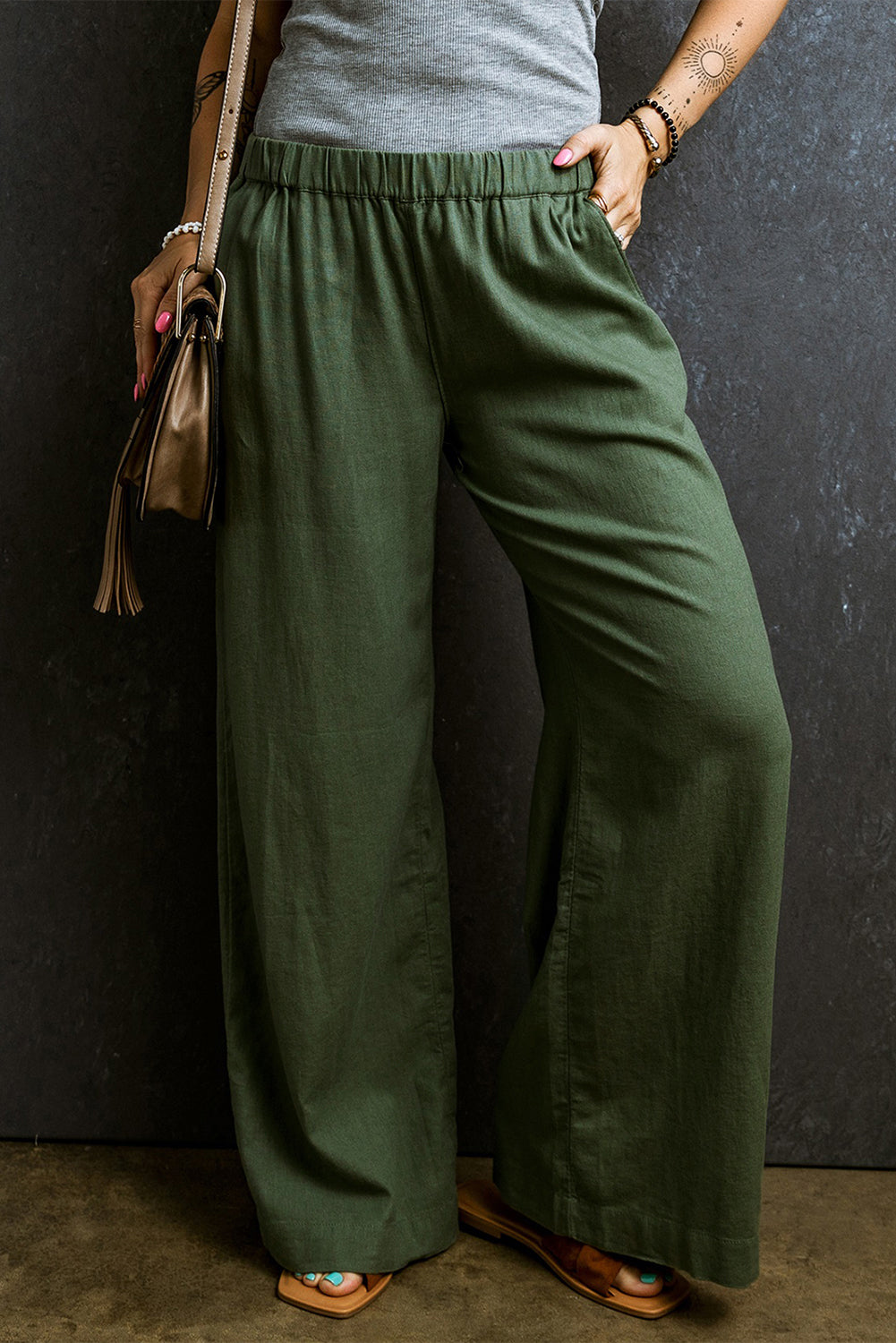 Abdali Walk | Fern Green Wide Leg Elastic Waist Pants - Urban Comfort Inspired