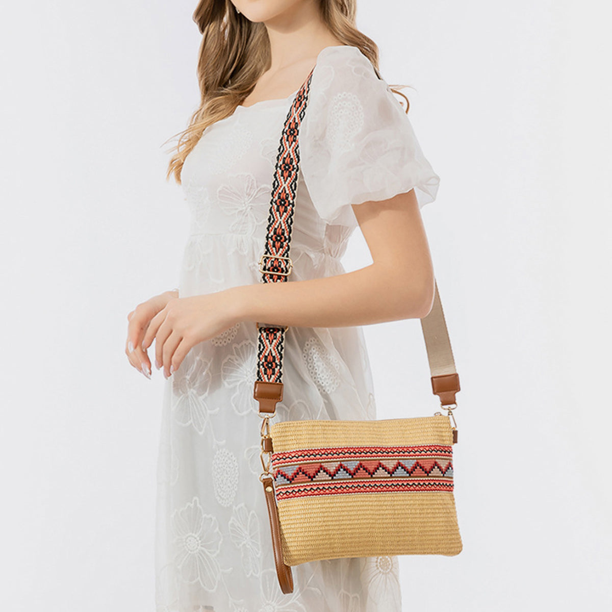 Madaba Mosaic | Geometric Straw Weave Crossbody Bag