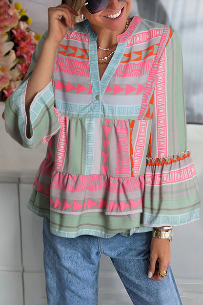 Nomad Dream Geometric Print Ruffle Blouse