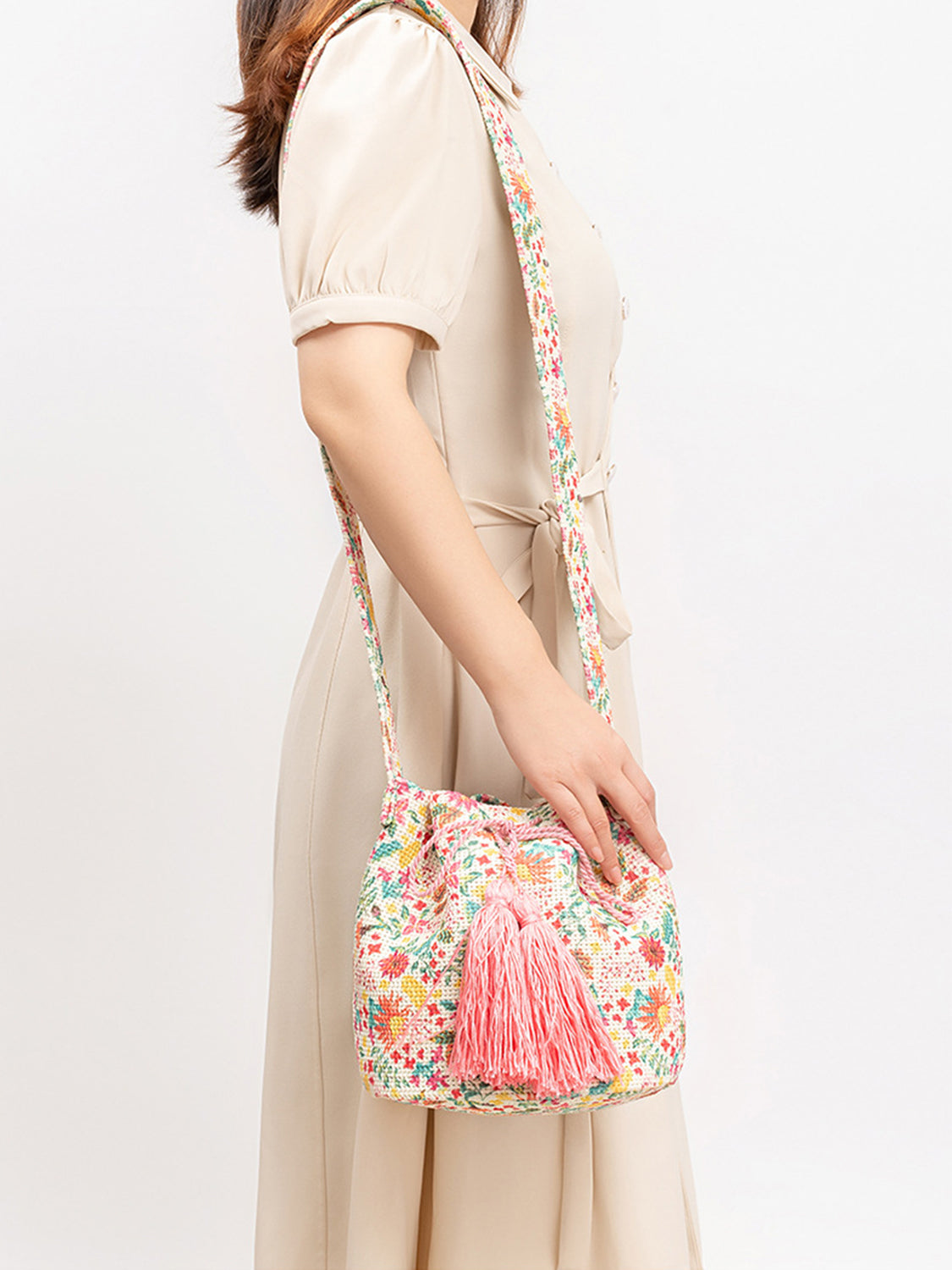 Tal Husban Blooms | Drawstring Tassel Geometric Shoulder Bag