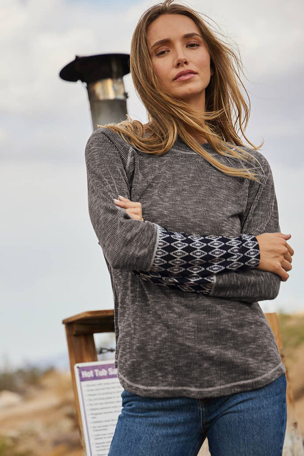 Granite Damascus Ribbed Long Sleeve Top