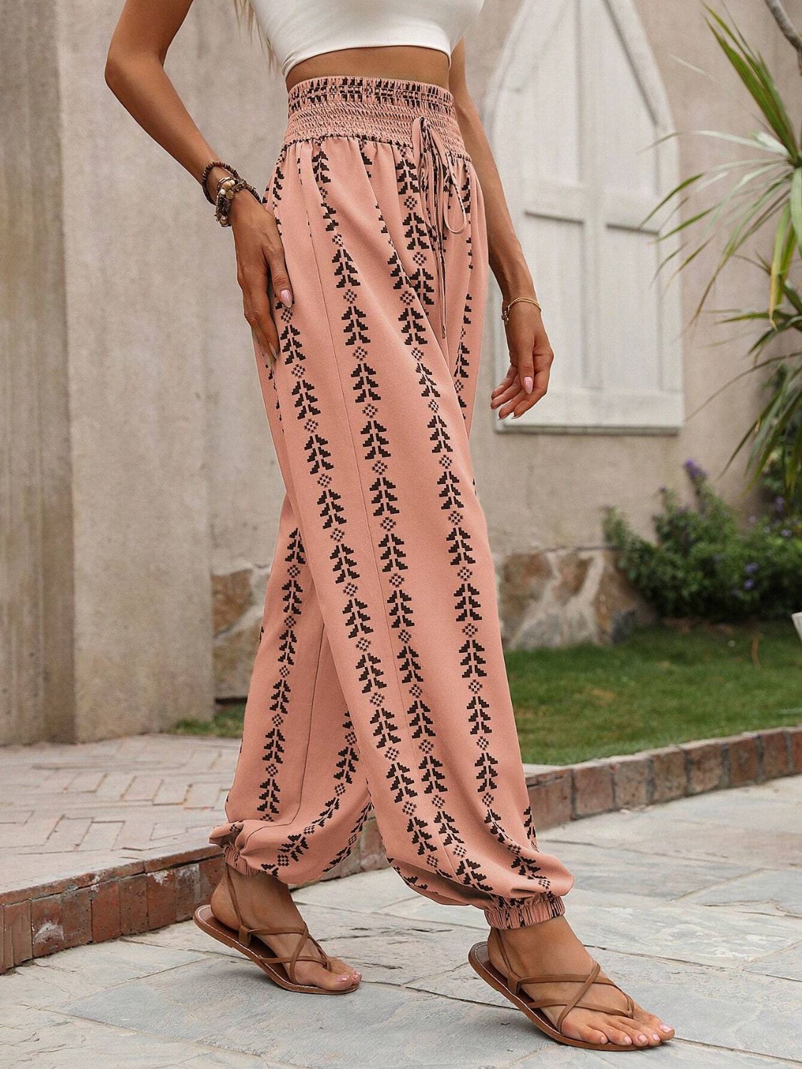 Tied Printed High Waist Pants - Aqaba Boho