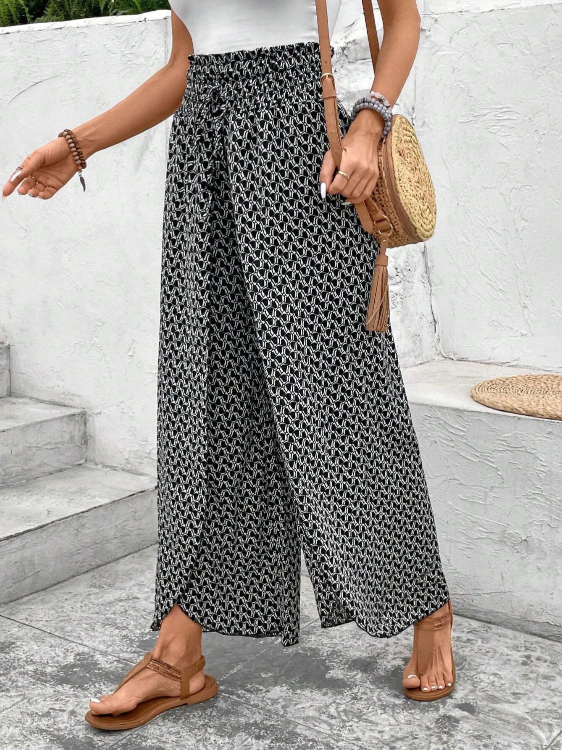 Tied Printed Wide Leg Pants - Horan Gardens