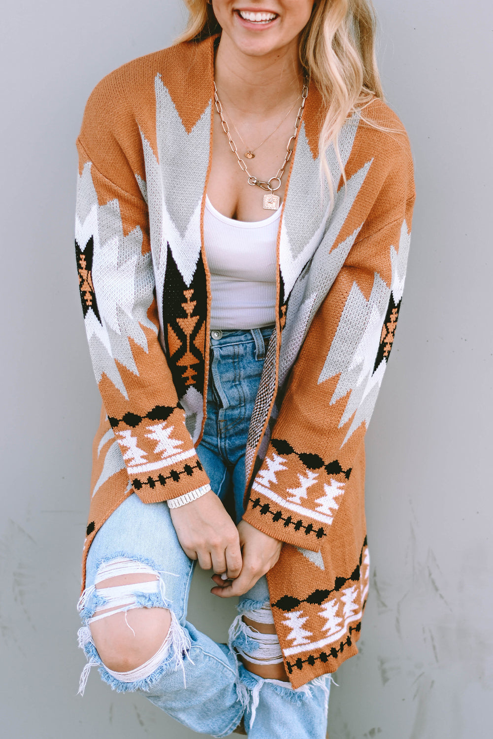 Golden Citadel Geometric Open-Front Cardigan