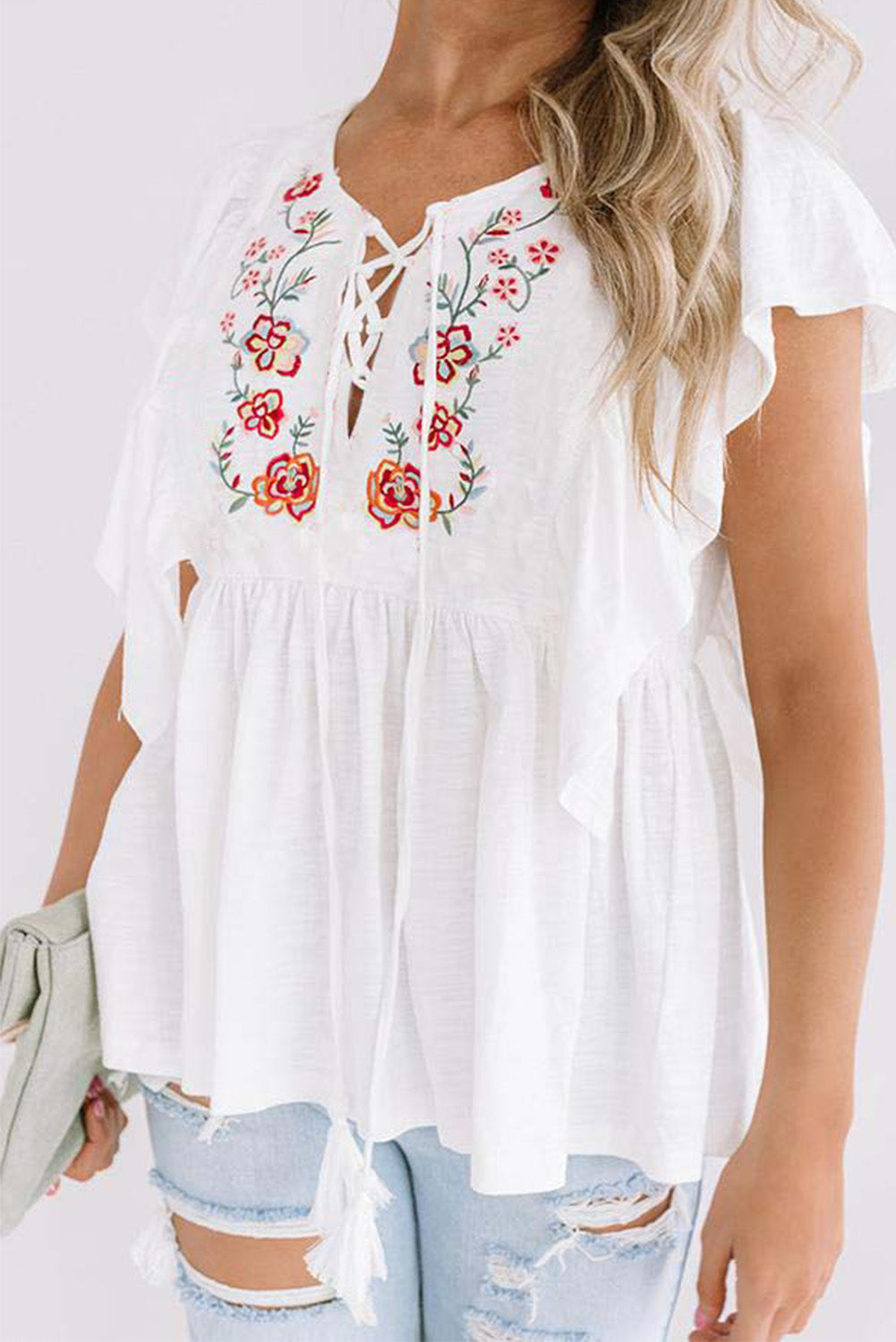 Tunisian Jasmine Embroidered Lace-up V Neck Top