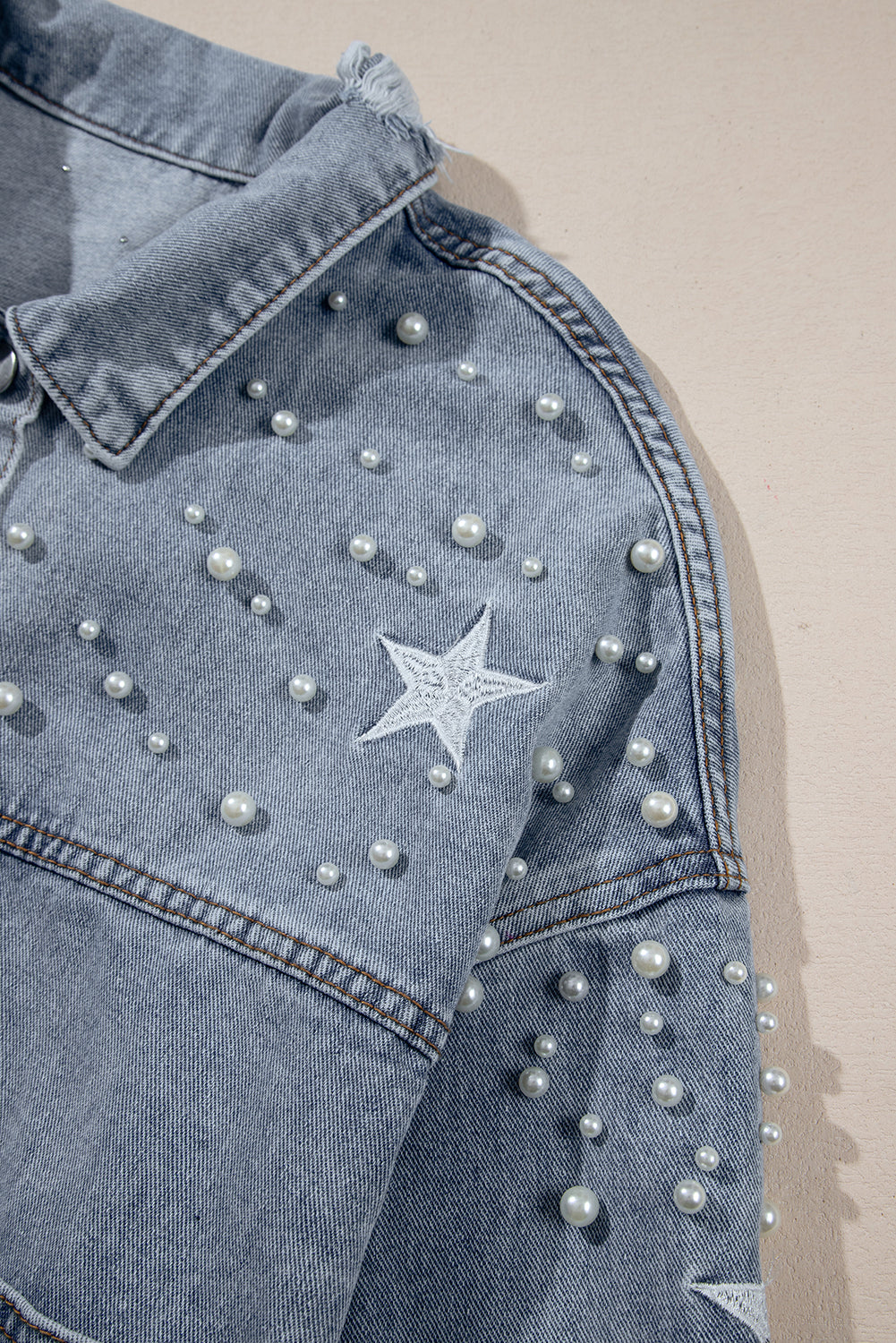 Damascus Sky Distressed Pearls Star Cropped Denim Jacket