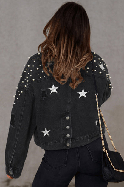 Damascus Sky Distressed Pearls Star Cropped Denim Jacket