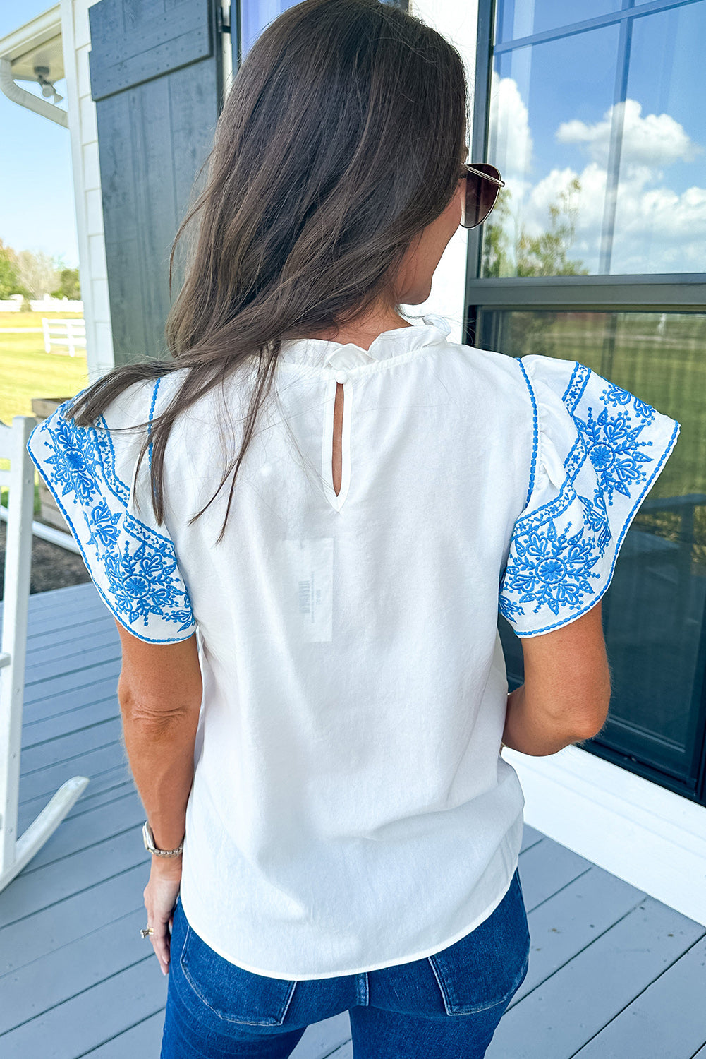 Sidi Bou Said Serenade | Embroidered Ruffled Sleeve Blouse