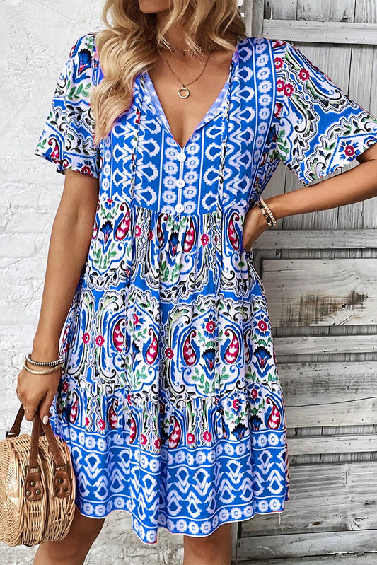 Mosul Mosaic: Sky Blue Bohemian Print Tie Neck Ruffle Hem Dress