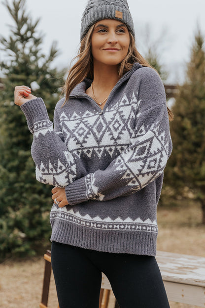 Slate Mirage Geometric Quarter Zip Pullover Sweater