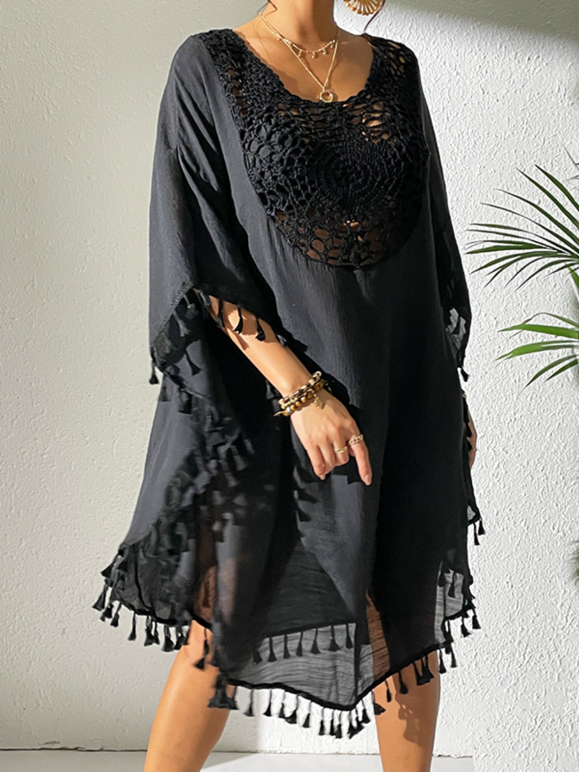 Casablanca Breeze - Tassel Cutout Scoop Neck Cover-Up Dress