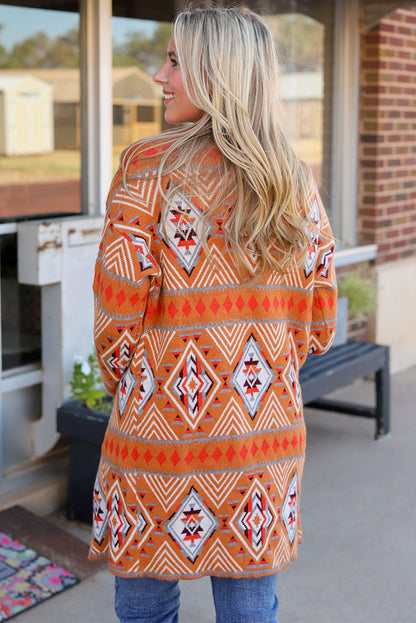 Siq Al-Barid Aztec Geometric Knit Open Front Cardigan