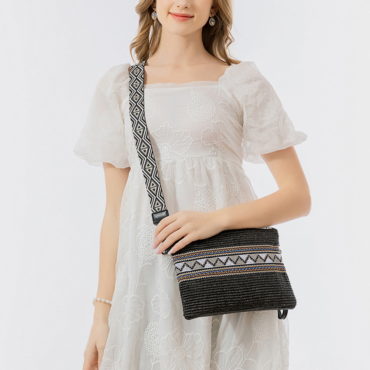 Madaba Mosaic | Geometric Straw Weave Crossbody Bag