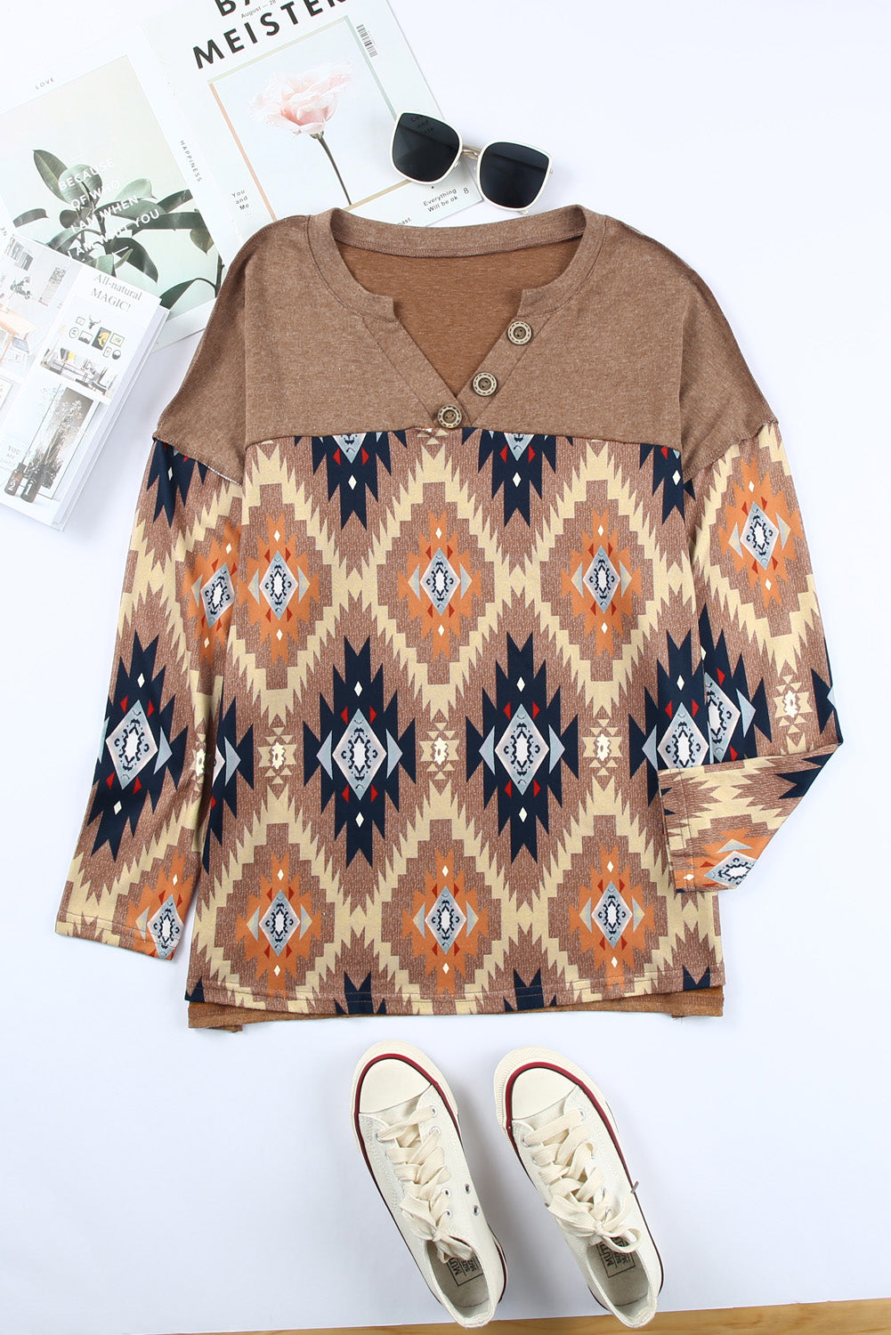 Cinnamon Medina Print Buttoned V Neck Top