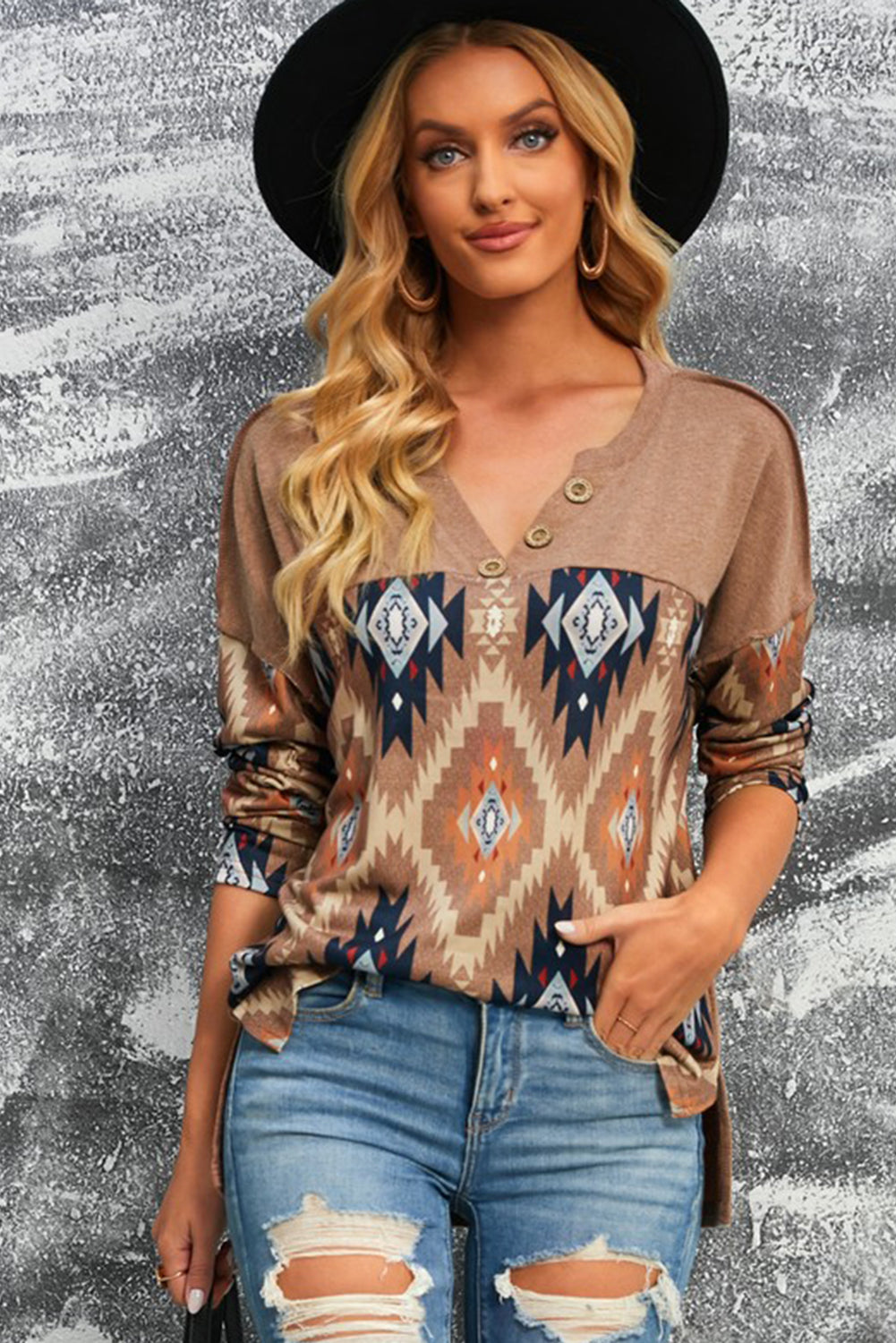 Cinnamon Medina Print Buttoned V Neck Top